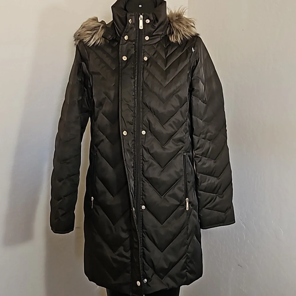 Kenneth Cole Reaction Daek Green Brown Down Feather Faux Fur Long Jacket Parka - Picture 4 of 11